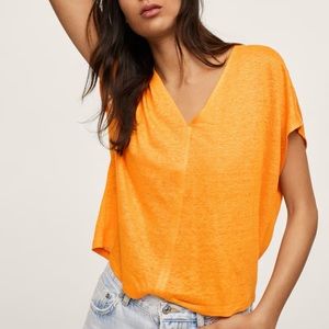 MANGO 100% Linen Orange V-neck T-shirt Size XL